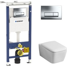 Комплект Инсталляция Geberit Duofix Платтенбау 4 в 1 с кнопкой хром + Унитаз Keramag it! безободковый 