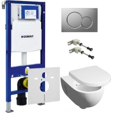 Комплект Инсталляция Geberit Duofix UP320 с кнопкой матовый хром + Унитаз Keramag Renova Nr.1 безободковый + Шумоизоляция 