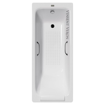 Чугунная ванна Vinsent Veron Italon 170x70x45 с квадратными черными матовыми ручками и антискользящим покрытием