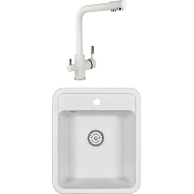 Комплект  Мойка кухонная Floracio Compact 430 белая + Смеситель Floracio Ares для кухонной мойки, жасмин