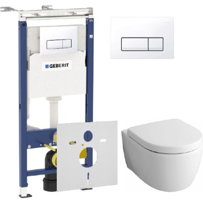 Комплект Инсталляция Geberit Duofix Платтенбау 4 в 1 с белой кнопкой + Унитаз Keramag iCon безободковый + Шумоизоляция