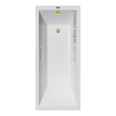 Чугунная ванна Vinsent Veron Square 140x70x45 с квадратными ручками матовое золото и антискользящим покрытием